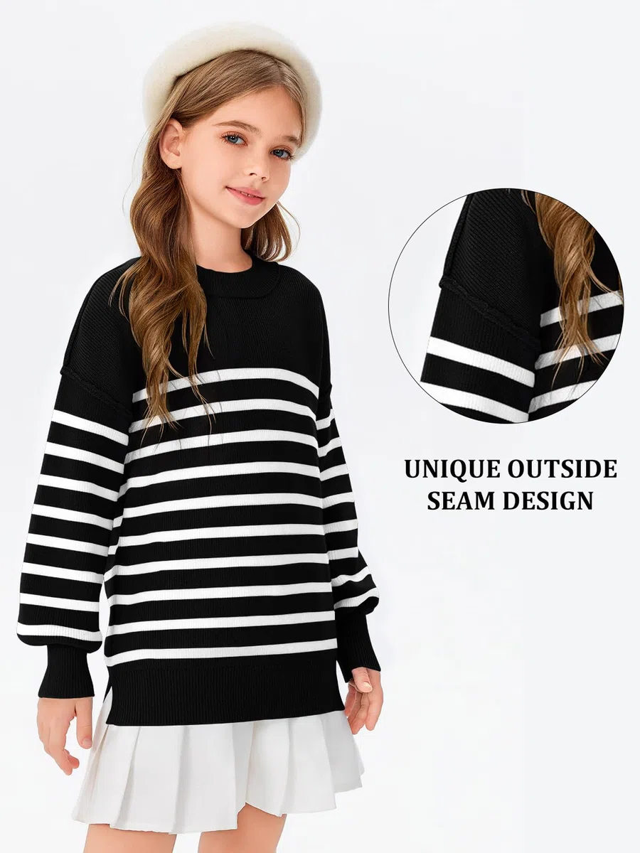 Haloumoning Pullover Mädchen Kinder Rundhals Oversized Strickpullover Herbst Winter Gestreifte Fledermausärmel Strickpulli