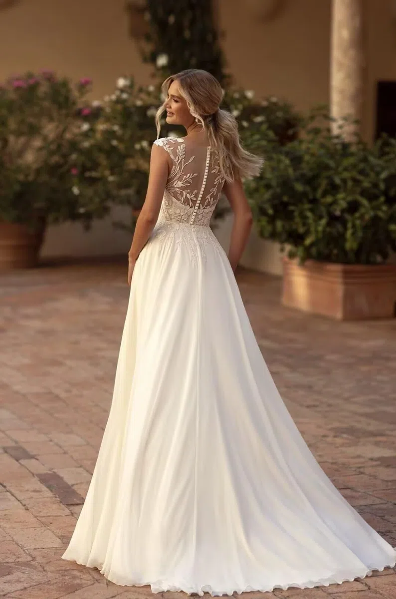 HUINI Brautkleid Standesamt Hochzeitskleid Chiffon Boho Spitzen Lang Strand Brautmode Kleid