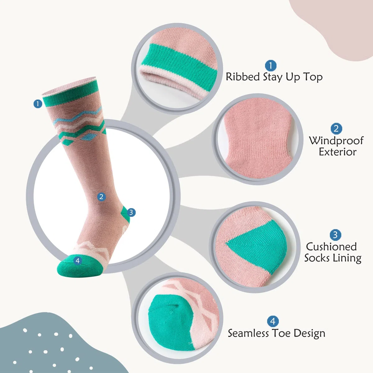 OutdoorMaster Ski Socken, Snowboard Socken für Jungen & Mädchen, Thermal Winter Warm & Atmungsaktiv, Über der Kalb