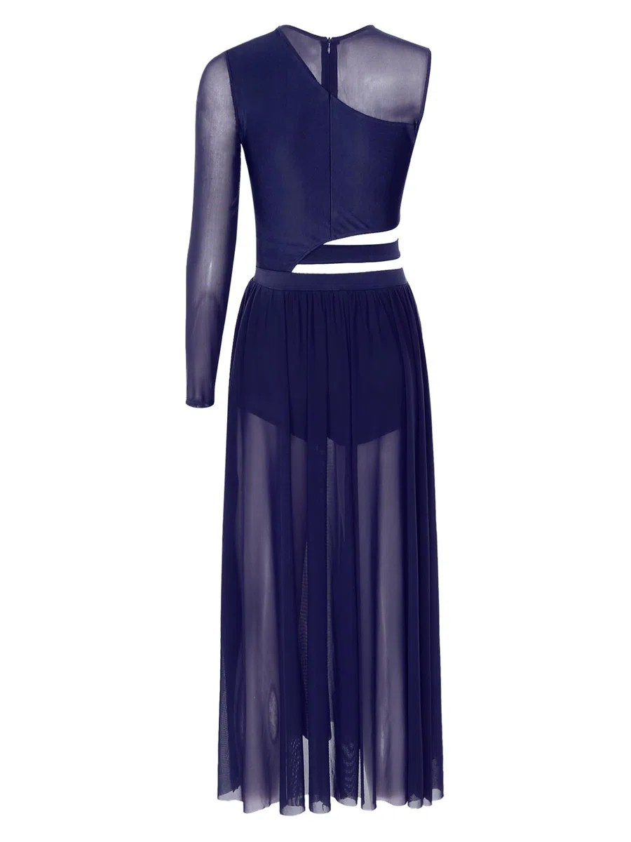 Damen Lyrisch Tanzkleid Ballettkleid Langarm Eiskunstlauf Kleid mit Mesh Rock Modern Contemporary Latein Tanzkleid
