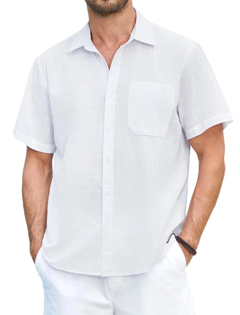 HISDERN Leinenhemd Herren Kurzarm Hemd Freizeithemd Businesshemd Sommerhemd mit Brusttasche Casual Shirts Regular Fit S-4XL