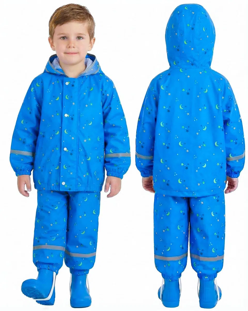 JiAmy 2-teiliger Regenanzug Mädchen Jungen, Matschkleidung Kinder mit Tragbarer Aufbewahrungstasche und Reflektierendem Streifen für 1-12 Jahre