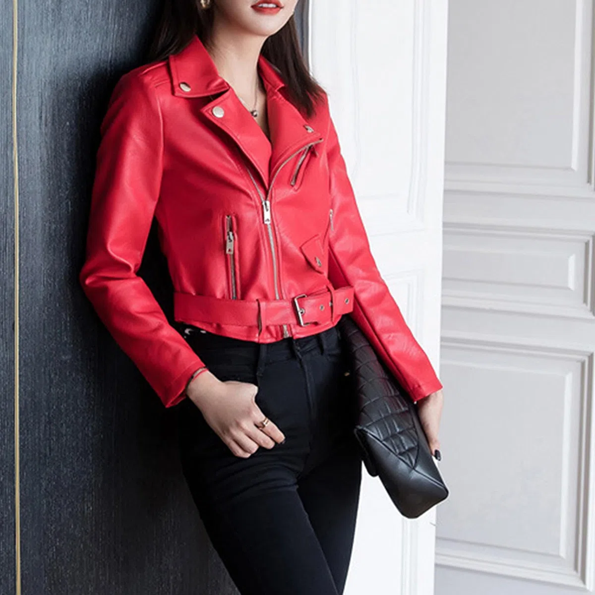 Damen Lederjacke mit Kurze Leichte Kleiner Anzug Slim Kunstlederjacke Casual Frühling Sommer Bikerjacke