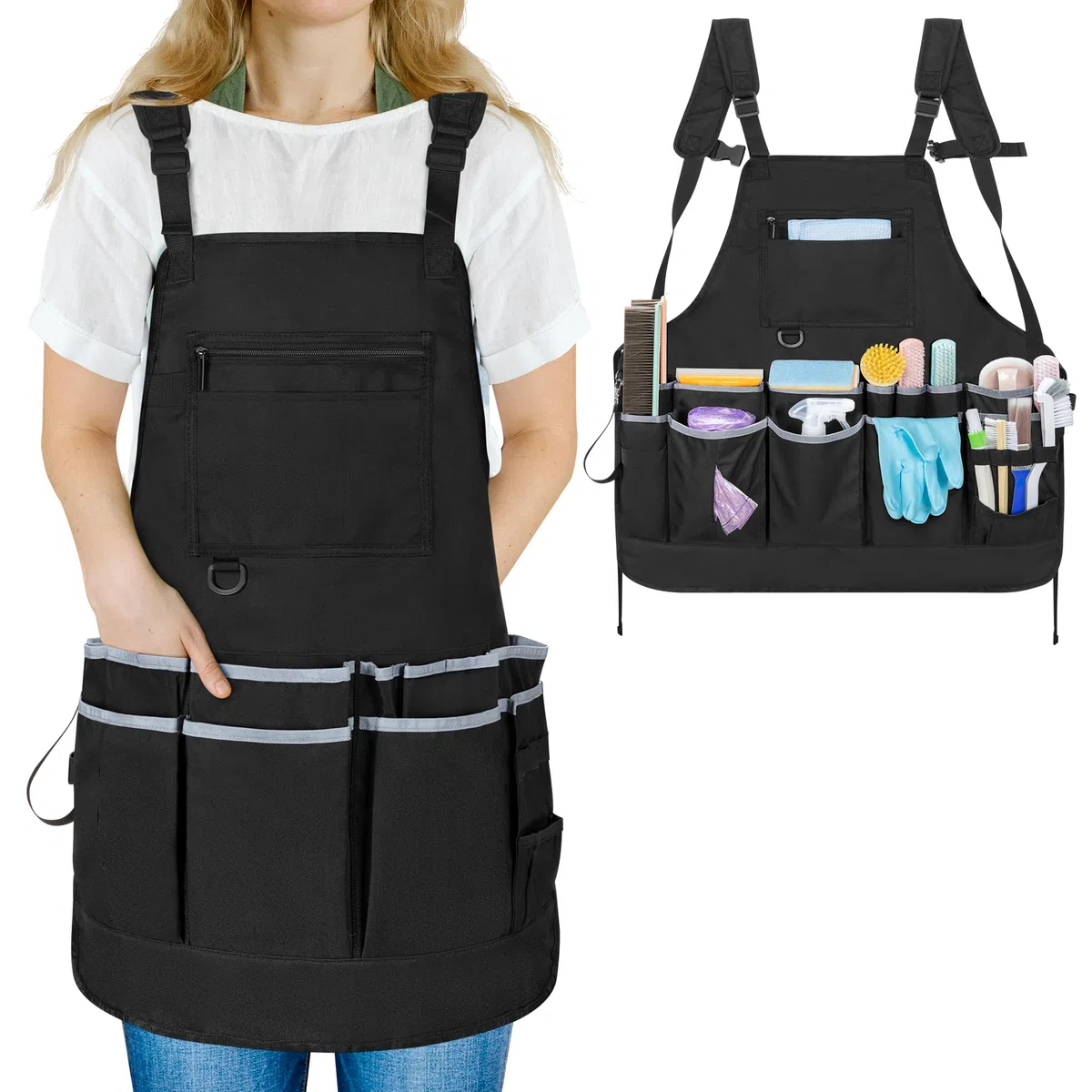 Rexmica Reinigungsschürze für die Hauswirtschaft, Wasserabweisende Hausputzschürze mit mehreren Taschen für Damen und Herren, Verstellbare Arbeitsschürze mit Gürtel für Reinigung, Schwarz