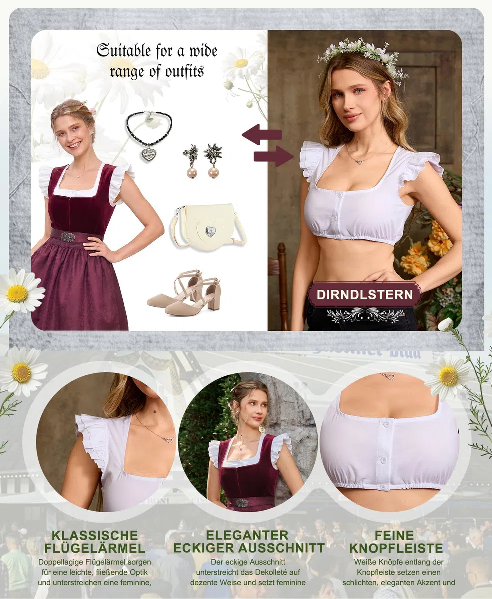 DIRNDLSTERN Dirndlbluse Damen Weiß Flügelärmel – Moderne Bluse Trachtenbluse für Oktoberfest
