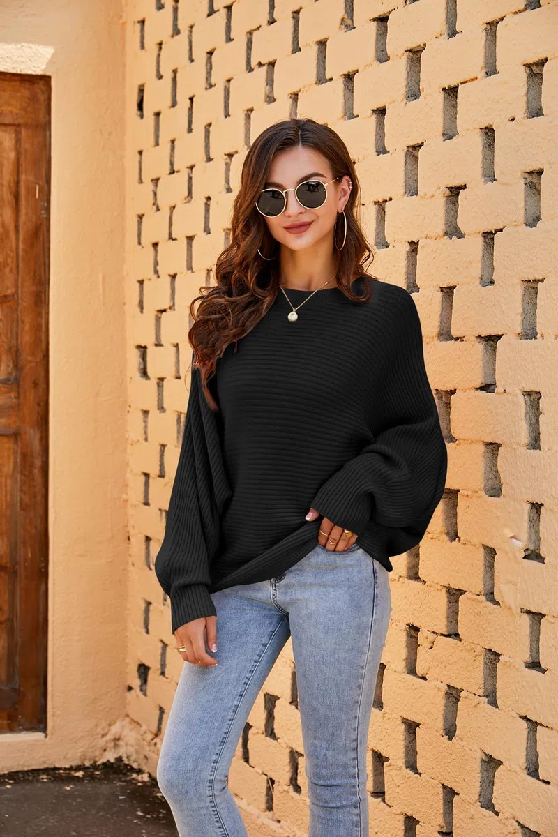 Fessceruna Damen Pullover Oversize Fledermausärmel Strickpullover Winter Rundhals Pulli Geripptes Sweatshirt