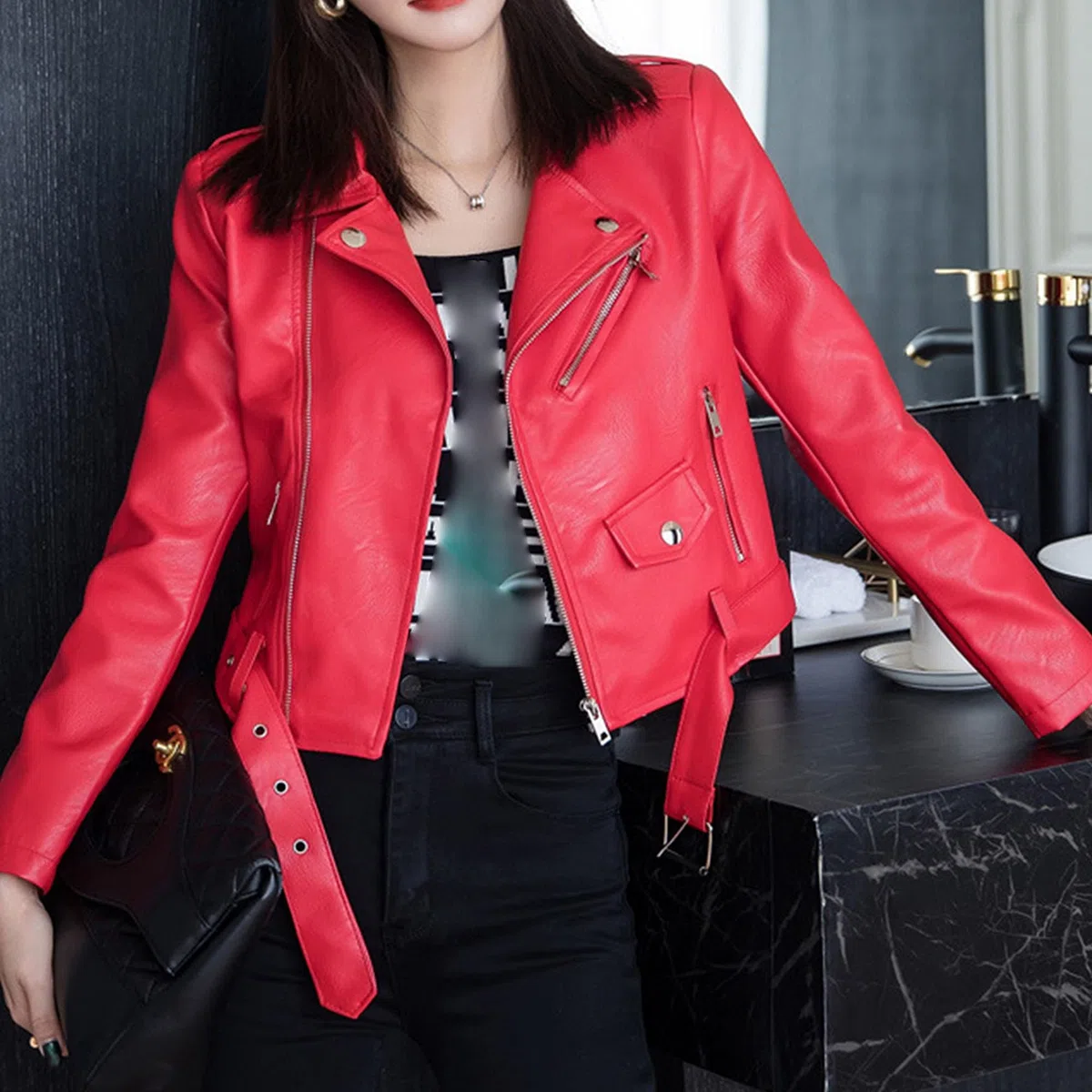 Damen Lederjacke mit Kurze Leichte Kleiner Anzug Slim Kunstlederjacke Casual Frühling Sommer Bikerjacke
