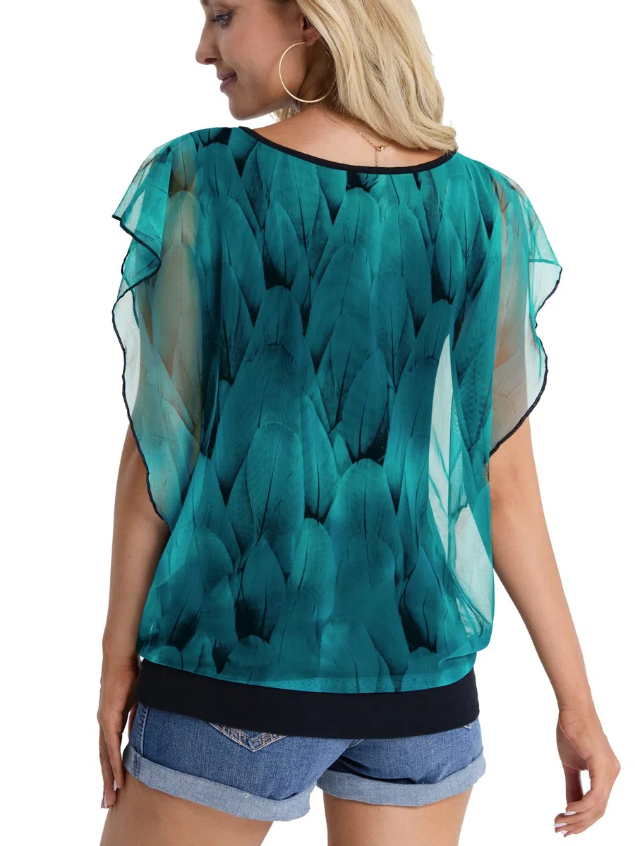 BAISHENGGT Damen Sommer Netz Bluse Flatter Kurzarm Tshirt Rundkragen Falten Elegant Oberteile Blusen Top