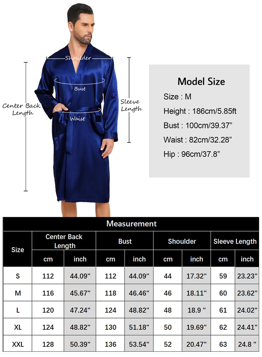 Lovasy Satin Bademantel Herren Lang Kimono Bademäntel für Herren Leicht Morgenmantel Zwei Seitentaschen mit Gürtel