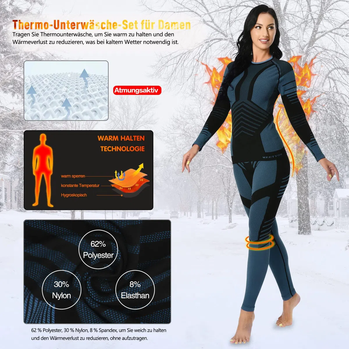 MEETYOO Thermounterwäsche Damen, Skiunterwäsche Frauen Thero Funktionsunterwäsche Winter Atmungsaktiv Funktionswäsche für Ski Sport Running
