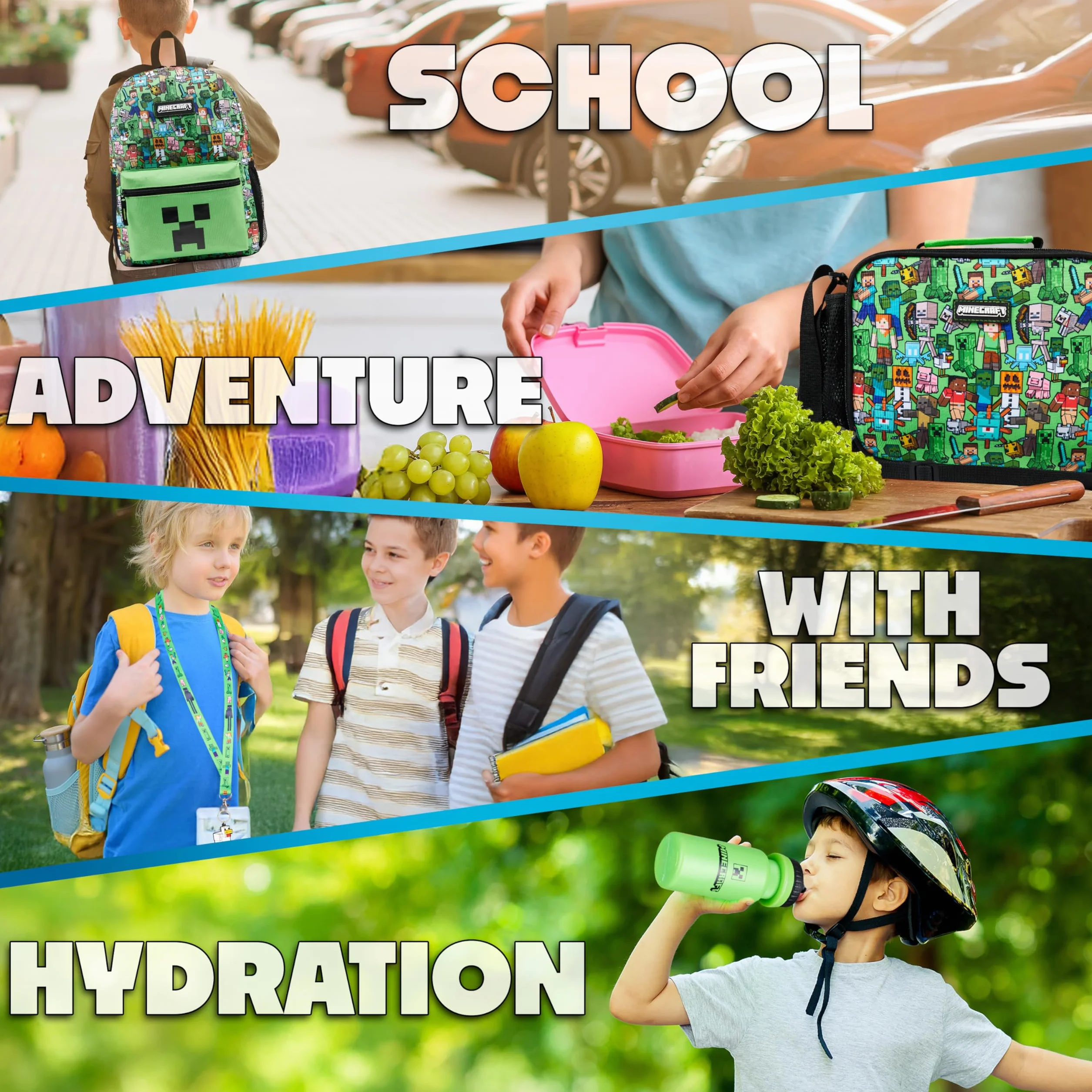 Minecraft Rucksack Kinder 5 Teilige Sets mit Lunchtasche Trinkflasche und Federmäppchen Turnbeutel oder Schlüsselanhänger Lanyard Gamer Geschenks (Grün AOP)