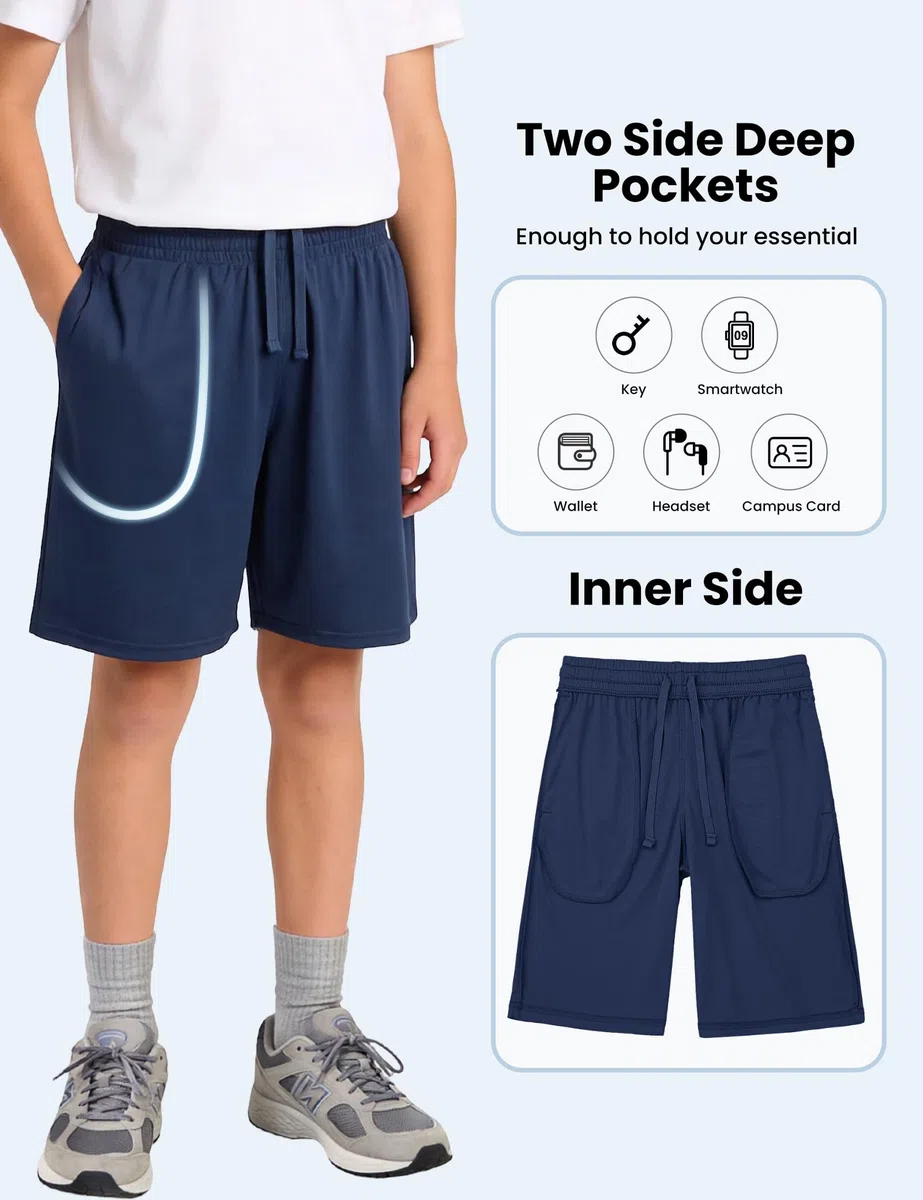 5er Pack Kurze Hosen Jungen Sporthose Jungen Atmungsaktive Casual Shorts für Laufen, Basketball & Fußball Schnelltrocknende, leichte Funktionsshorts mit Taschen