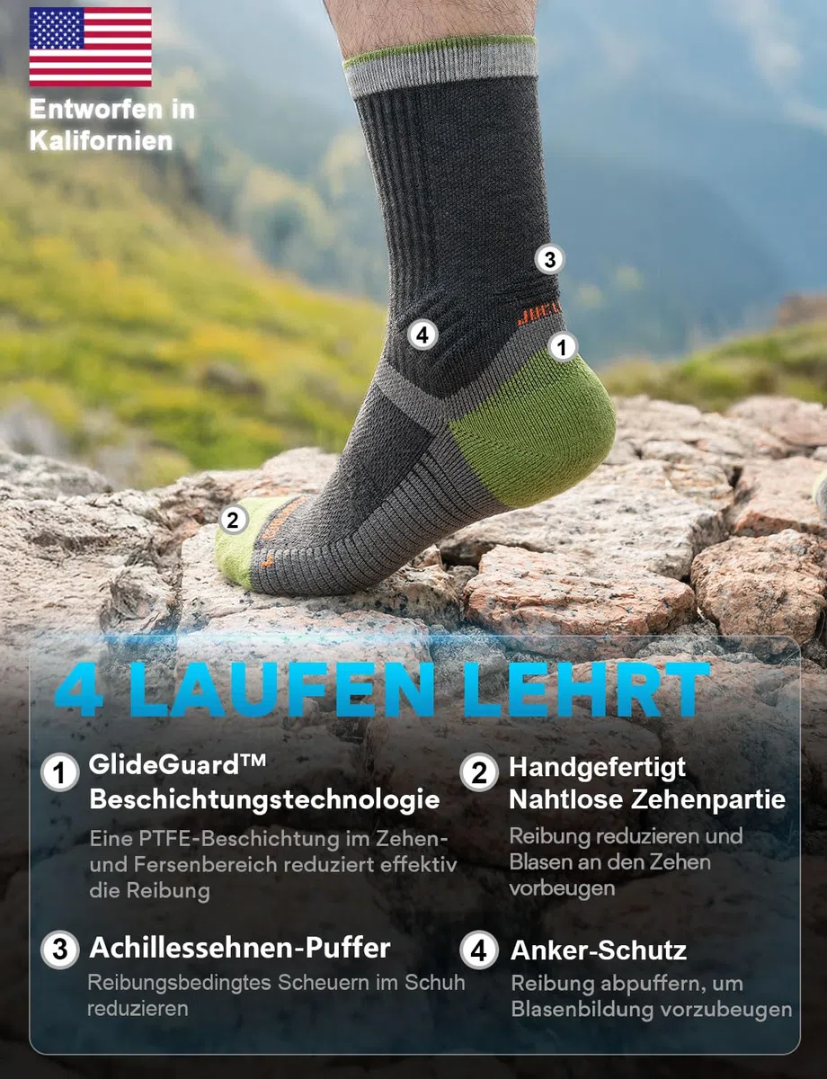 Juclise Sommer Merinowolle Wandersocken für Herren mit Kompression Anti-Blasen-Polsterung atmungsaktiv anti-schweiß
