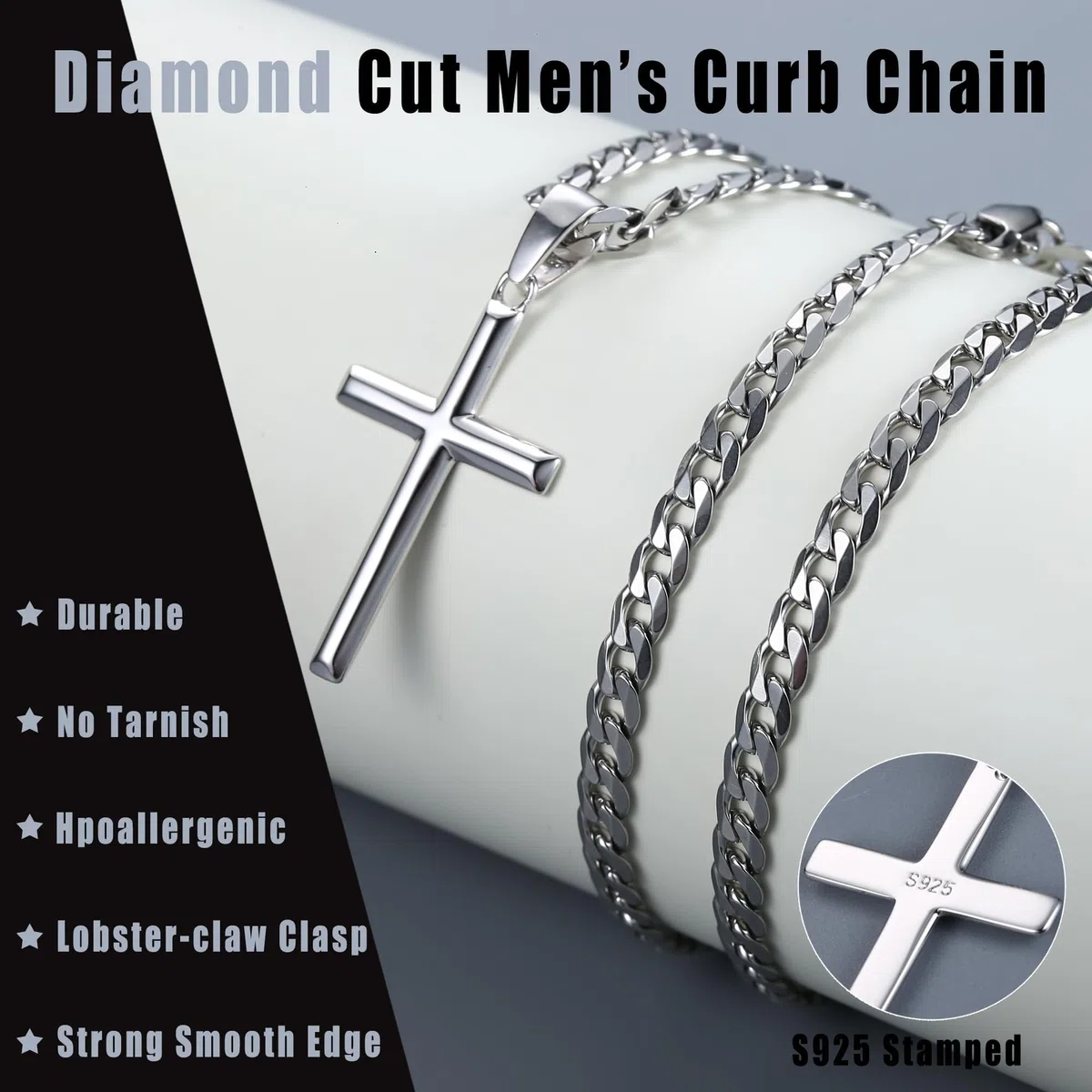 Chriscoco Kreuz Kette für Herren Damen 925 Sterling Silber Kreuz Anhänger mit Edelstahl Kubanische Kette Halskette 5MM Breit Silber Kette für Herren