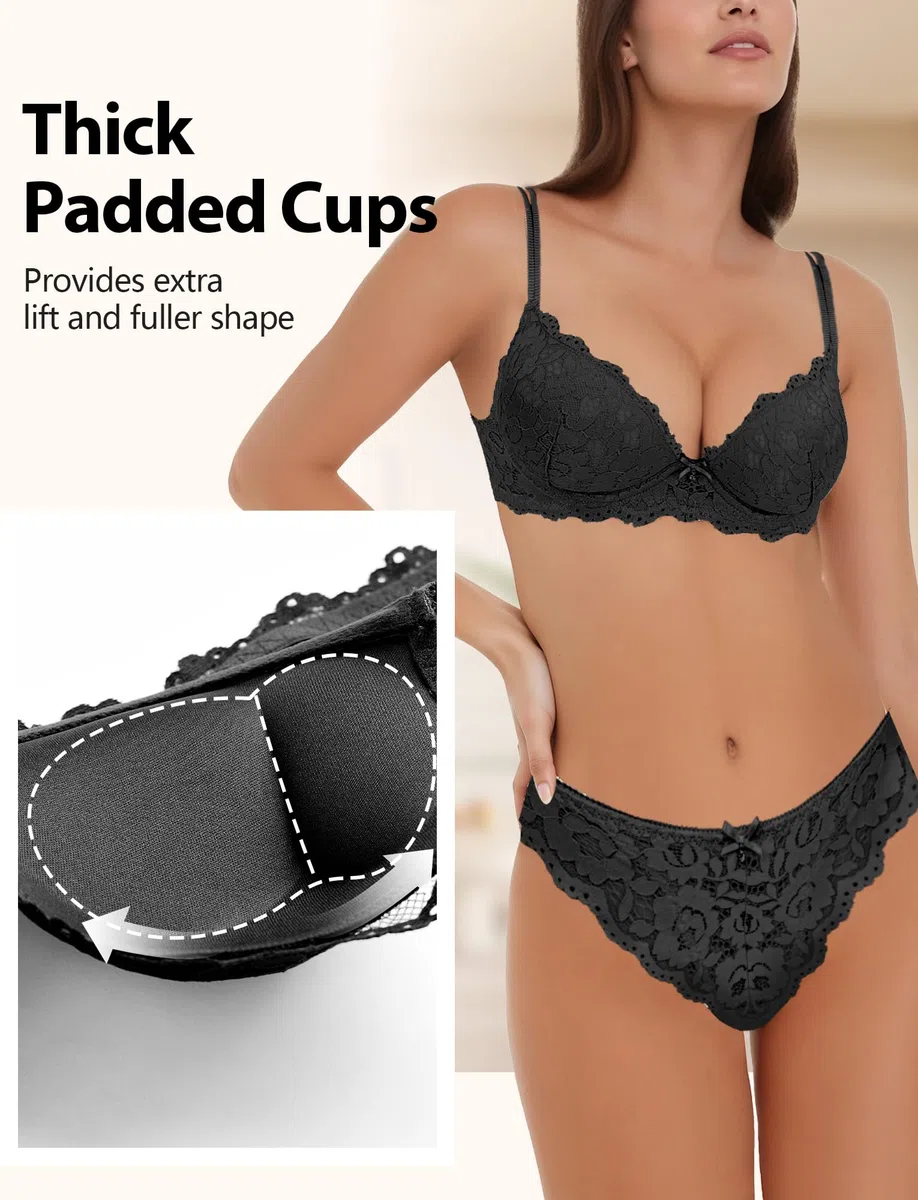 SEAUR Damen Spitzen-Lingerie-Set Blumenmuster Sexy Unterwäsche-Set Dickem Körbchen Push-up-BH mit Slip 2-teilig