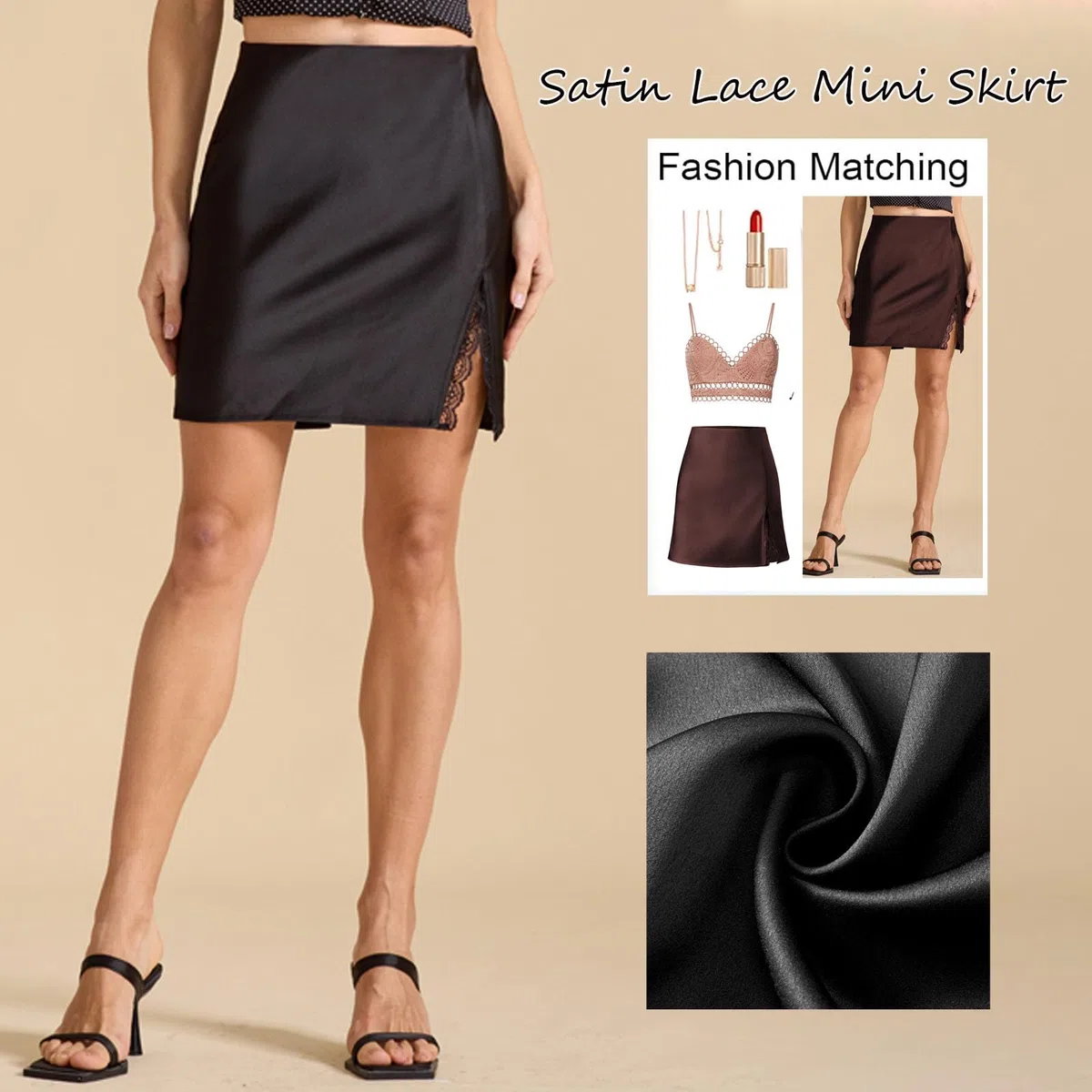 Women's Satin Lace Mini Skirt Elastic High Waist Bodycon Slit Skirts 2025 Summer Silk A-Line Party Club Short Skirts
