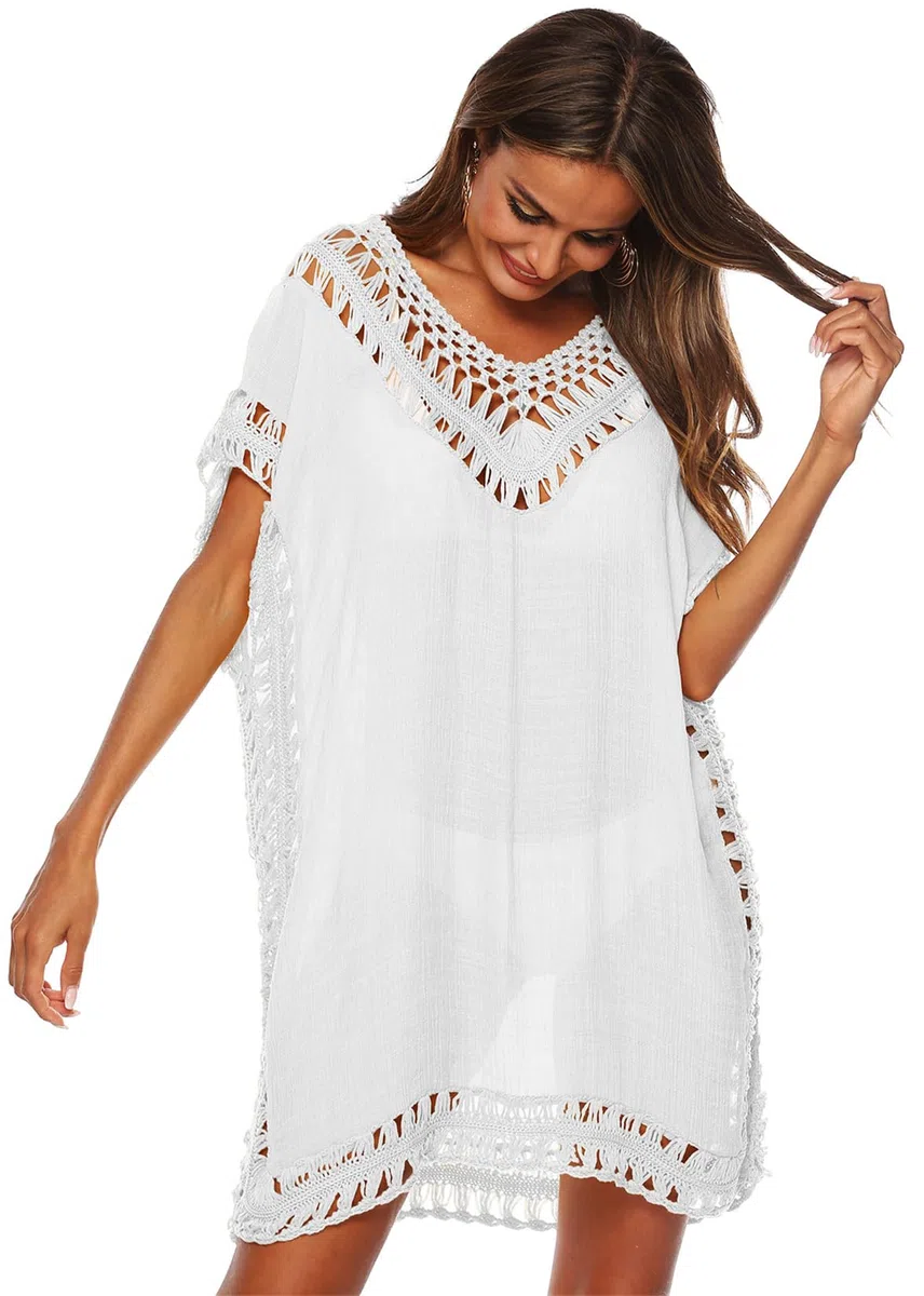 Damen Sommer Bikini Cover Up V-Ausschnitt Strand Poncho Strandkleid mit Cutout Crochet Badeanzug Sommer Kleider für Urlaub
