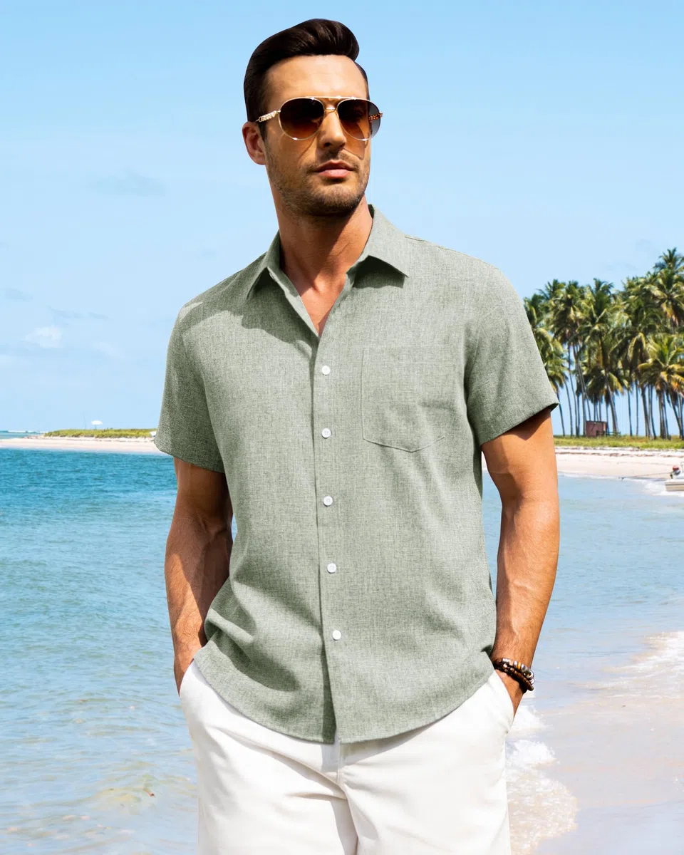 J.VER Leinenhemd Herren Kruzarm Freizeithemd Regular Fit Leicht und Luftig Sommerhemd Leinen Shirt mit Tasche