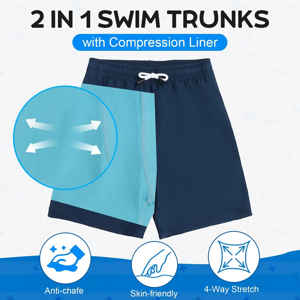 Leeboom Badehose Jungen Badeshorts Kinder 2-in-1 Badeshorts Jungen mit Kompression und Verstellbarem Tunnelzug - Badehosen für Jungen 5-14 Jare