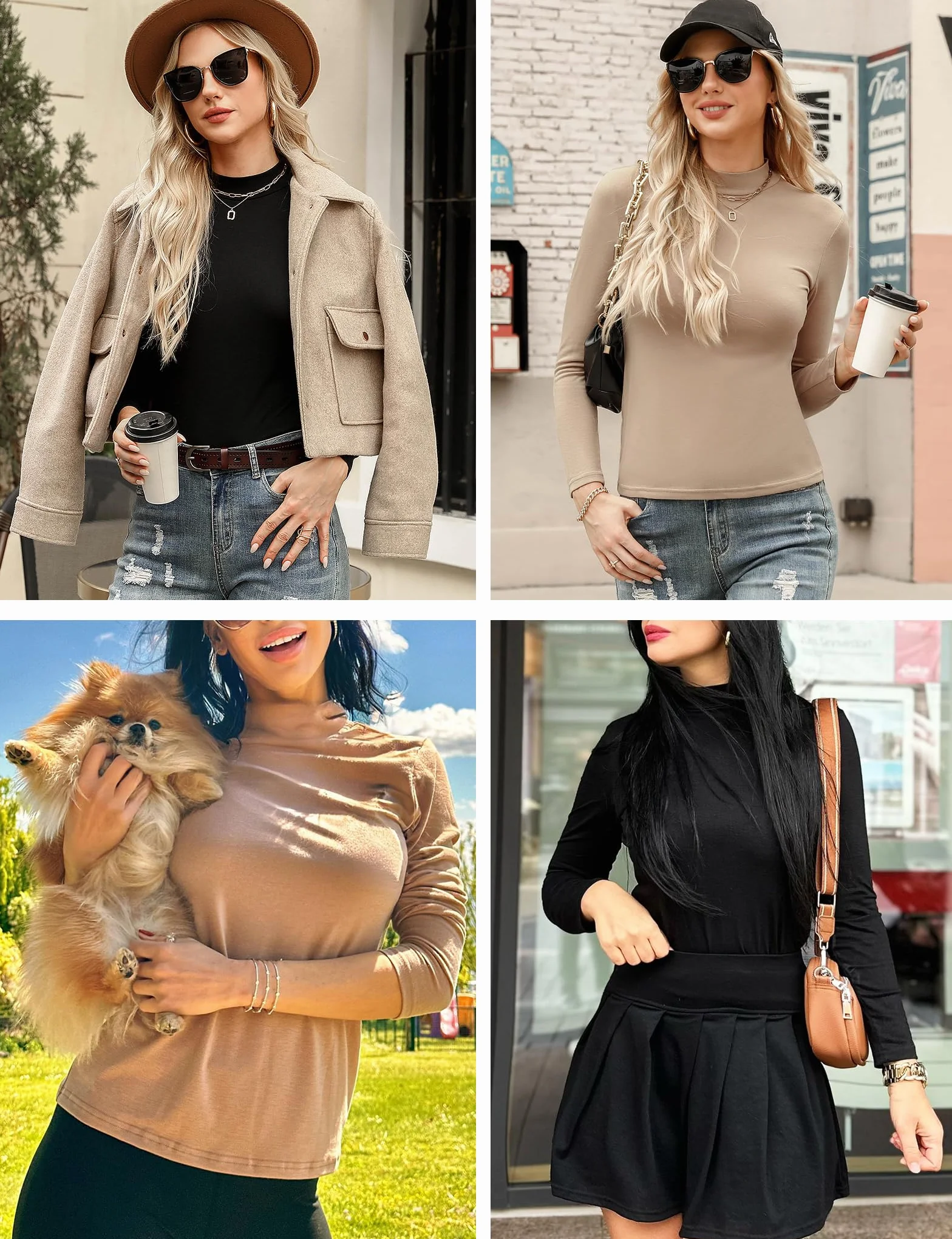 Aottori Damen 2 Pack Langarmshirt Set Stehkragen Rollkragenshirt Baumwolle Elegant Basic Oberteile Langarm Unterhemd Winter T-Shirt Stretch Tops