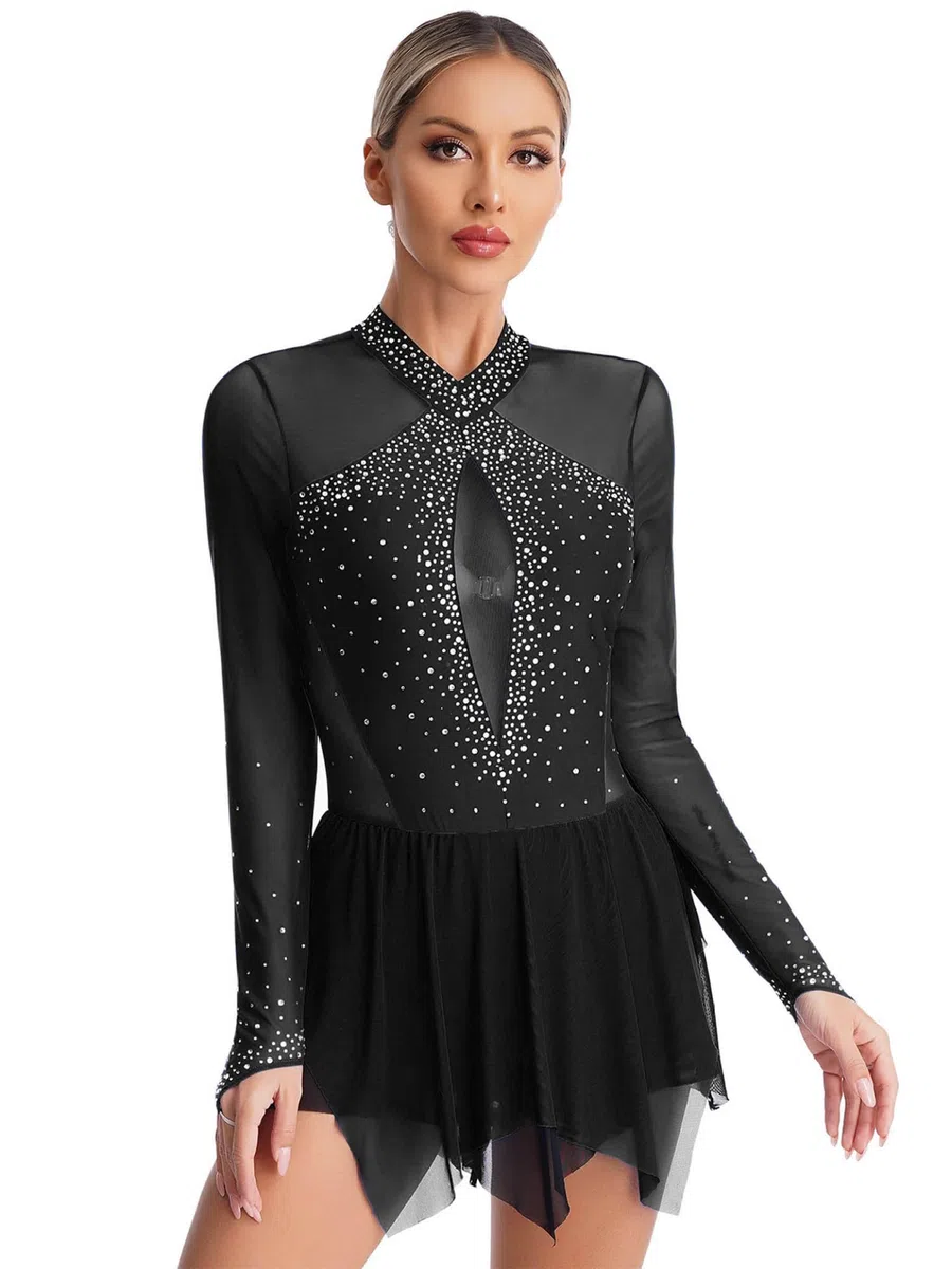 Akrobatin Kostüm Damen Eislaufkleid Langarm Rollschuhkleid Strass Gitzer Tanzkleid Wettbewerb Performance Bekleidung