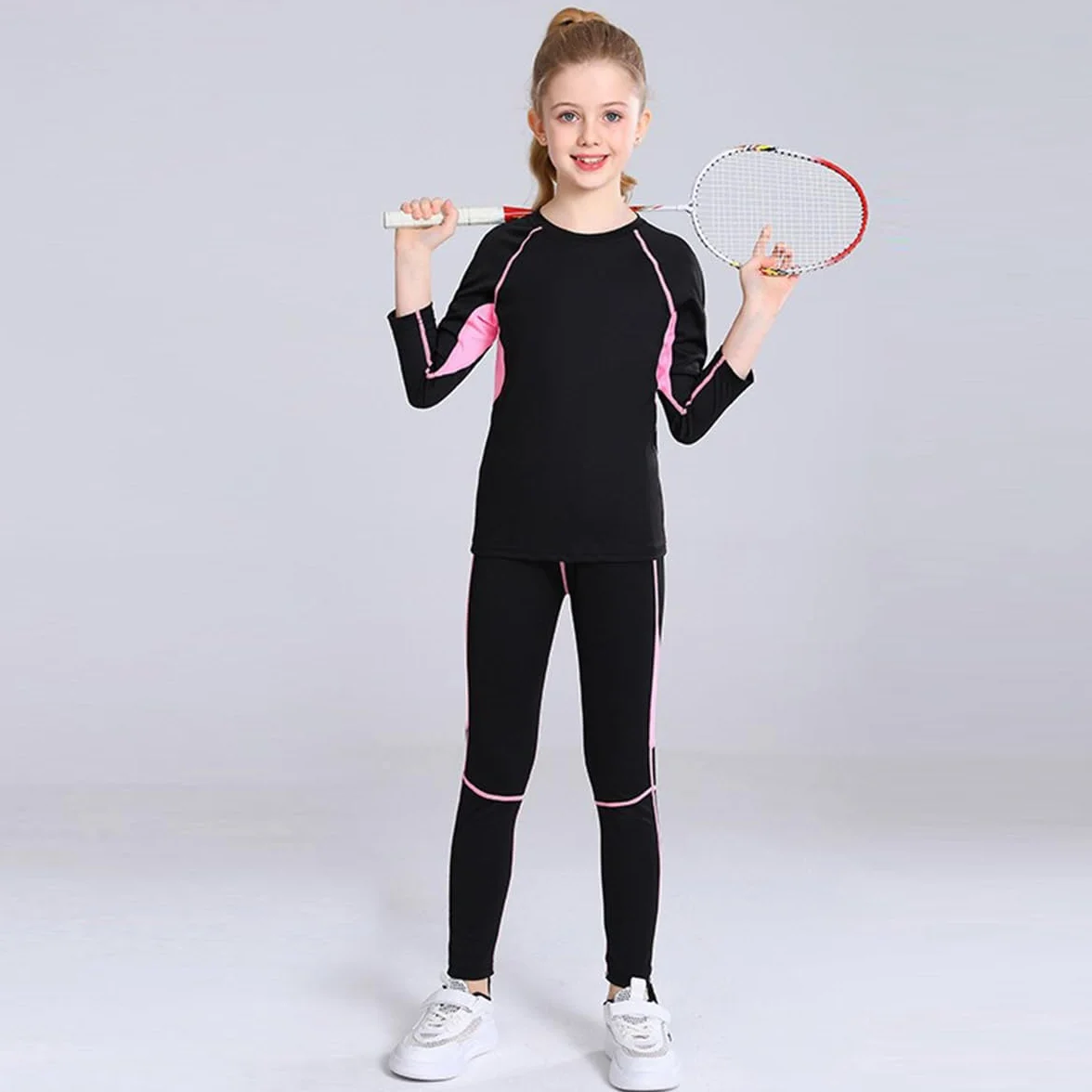 linboo Mädchen Sportanzug 2tlg Yoga Anzug mit Langen Ärmeln und Hosen, Kleidung Set, Atmungsaktiv und Elastisch, Outdoor eng anliegende Tanz- und Fitnessbekleidung für Kinder