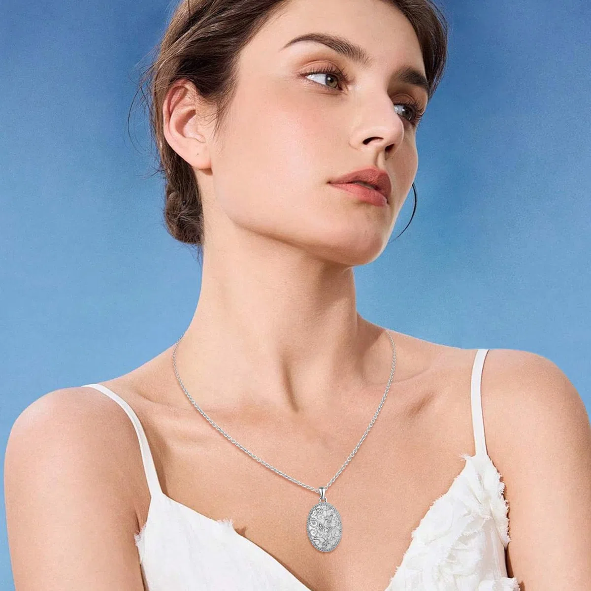 Damen Foto Medaillon Halskette 925 Sterling Silber Kette Elliptische Schmetterlinge Muster Anhänger