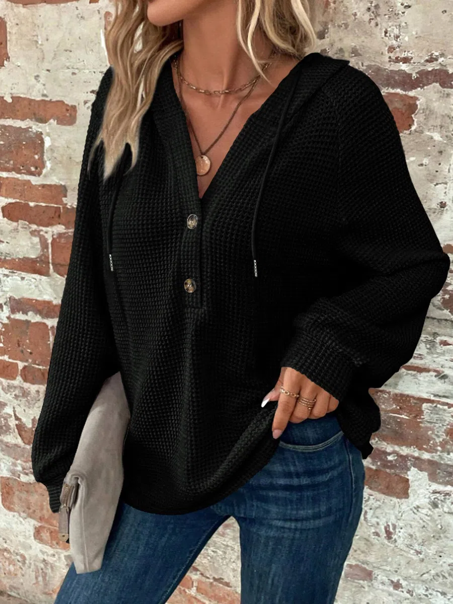 Damen Kapuzenpullover Waffel Strick Kordelzug Knopf V-Ausschnitt Langarm Einfarbig Casual Pullover Sweatshirt Kapuzenoberteil
