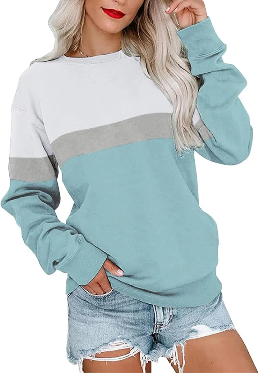 Sweatshirt Damen Pullover Herbst Winter Rundhals Sweater Farbblock Pulli Langarmshirt Baumwolle Elegant Langarm Oberteile mit Taschen