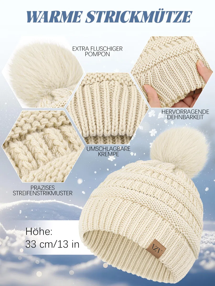 VZV 4-in-1 Winter-Set für Damen, Bommelmütze, Touchscreen-Handschuhe, Strickschal, Fleece-Ohrenschützer