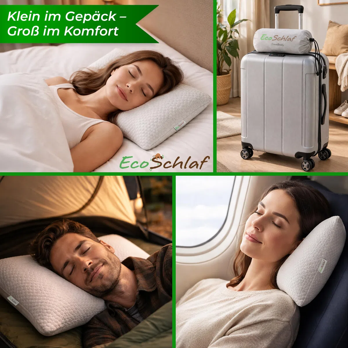 TravelBuddy Reisekissen – kleines Nackenkissen für Flugzeug Camping Auto Bus Zug – einstellbares Travel Pillow aus Memory Foam – ergonomisches Kissen für Outdoor & Reise (Grau)