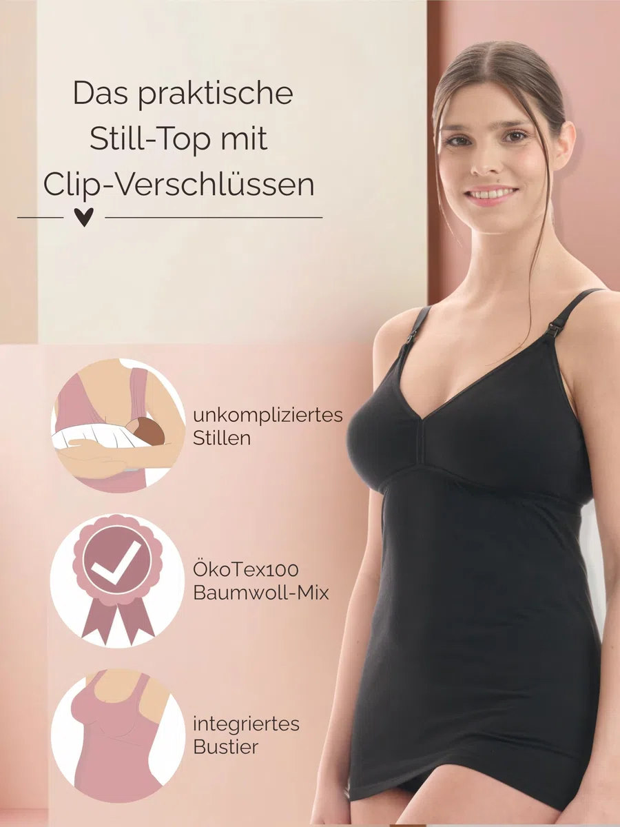 Herzmutter Stilltops Baumwolle OekoTex 100 - einfache Stillfunktion - Stilltop Set 2er - integriertes Bustier-BH mit Clip-Verschlüssen - 5420