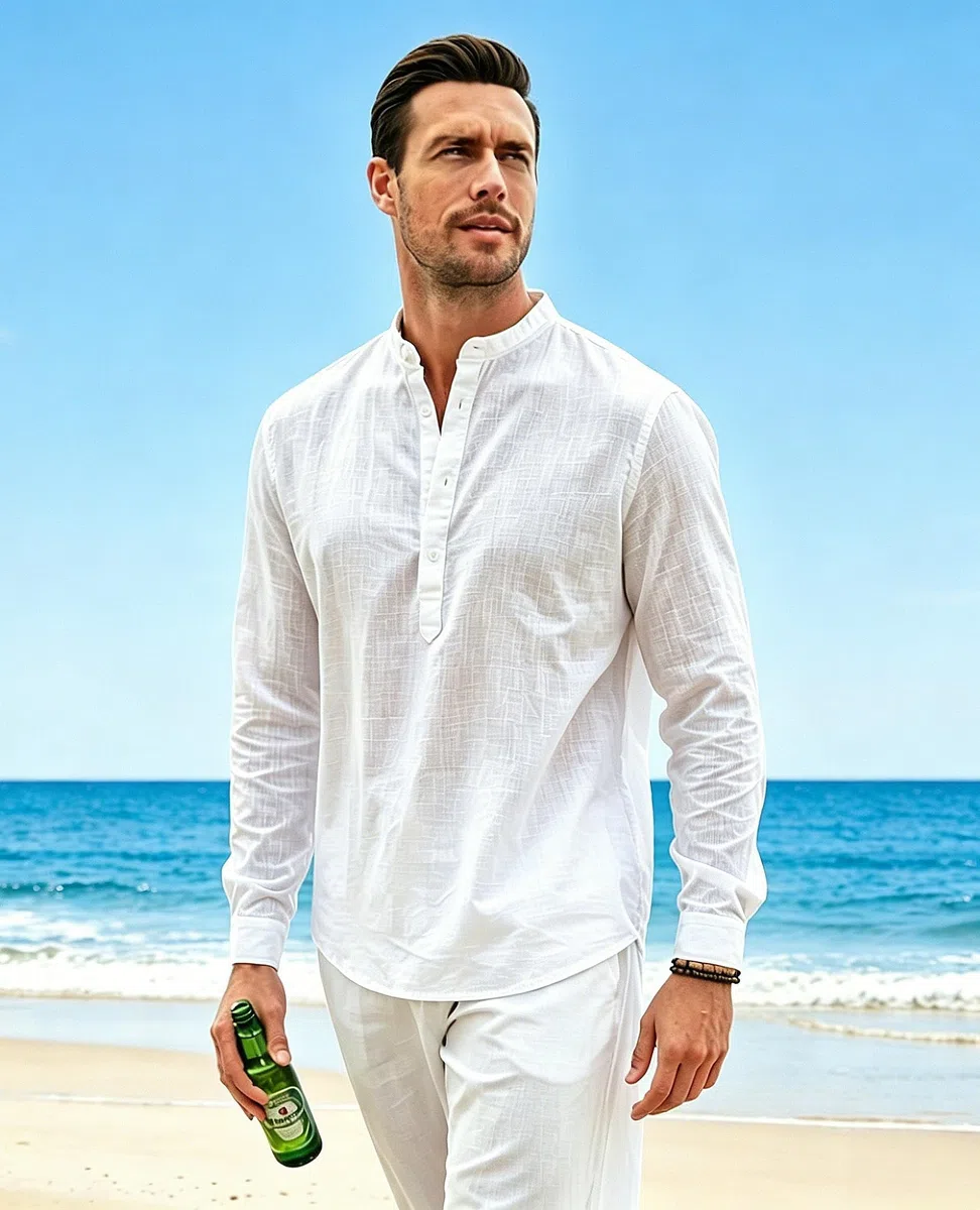 Cegerne Leinenhemd Herren Hemd Langarm Sommerhemd Freizeithemd Casual Henley Shirts für Urlaub Strand