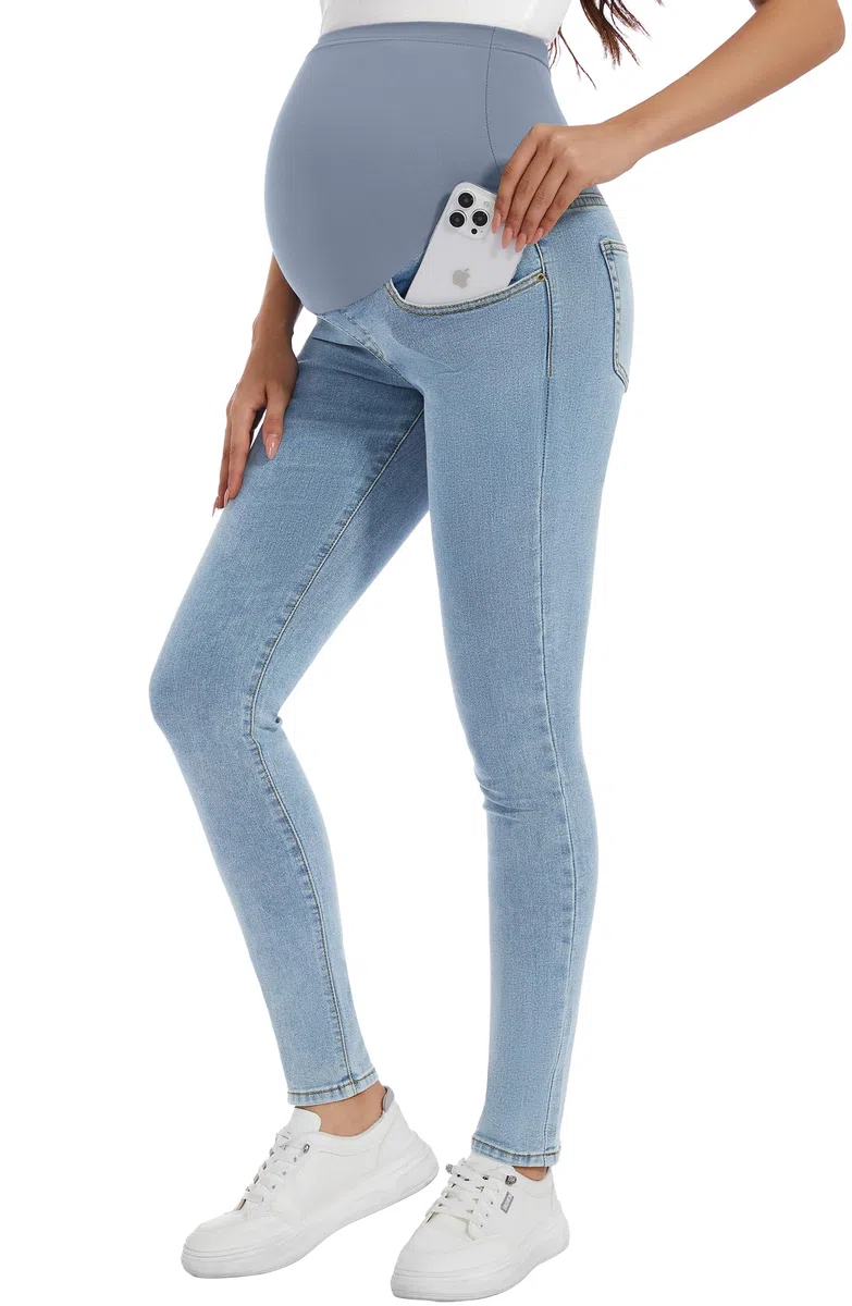 PACBREEZE Damen Umstandsjeans über dem Bauch, schmal, dehnbar, hohe Taille, Denim, Skinny Hose mit Taschen