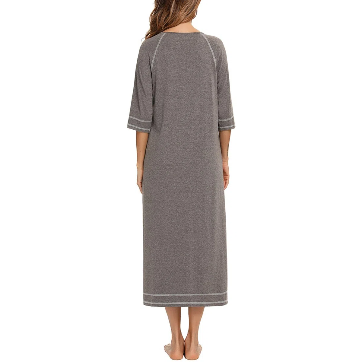 Damen Reißverschluss Bademantel 3/4 Ärmel Hauskleid in voller Länge Nachtwäsche Duster Hausmantel mit Taschen Ganzkörpermantel aus weicher Baumwolle mit Taschen Nachtwäsche Sleepwear