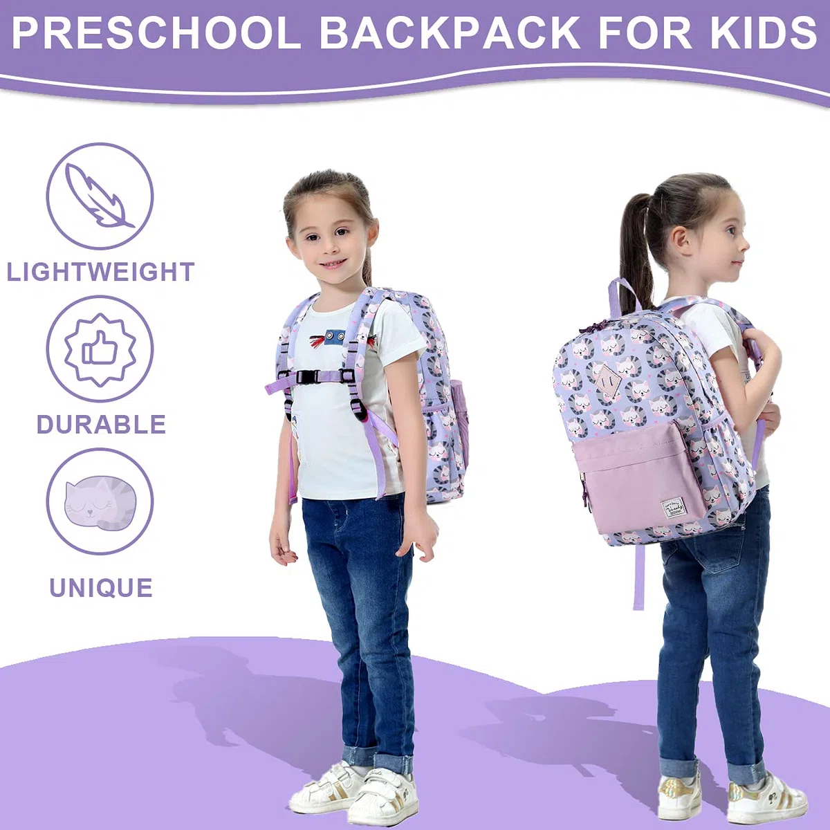 VASCHY Kinderrucksack Jungen Mädchen, Niedlich Wasserdicht Vorschule Kinder Rucksack Kindergarten Kleinkind Rucksack Schulranzen mit Brustgurt