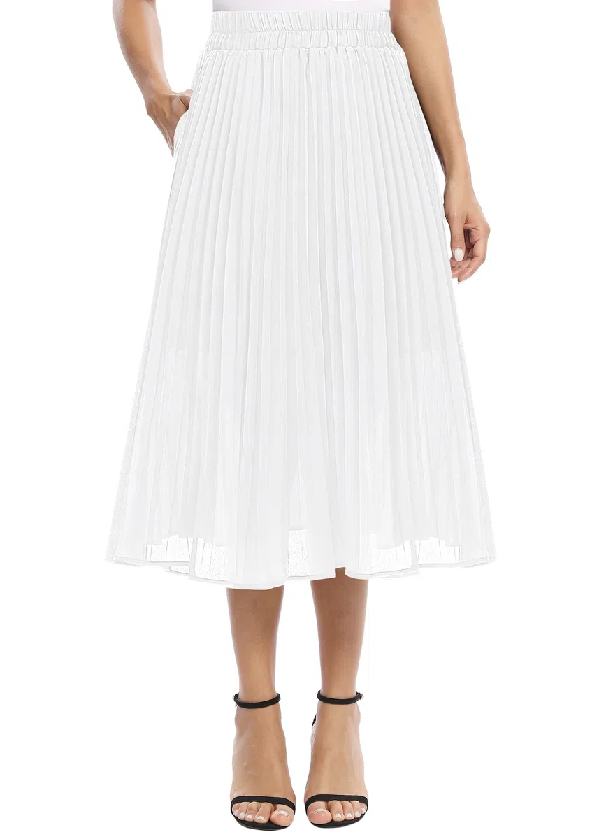 EXCHIC Damen Fließender Chiffon Elastisch Taille Midi Rock Freizeit A-Linie Knielange Falten Rock mit Tasche