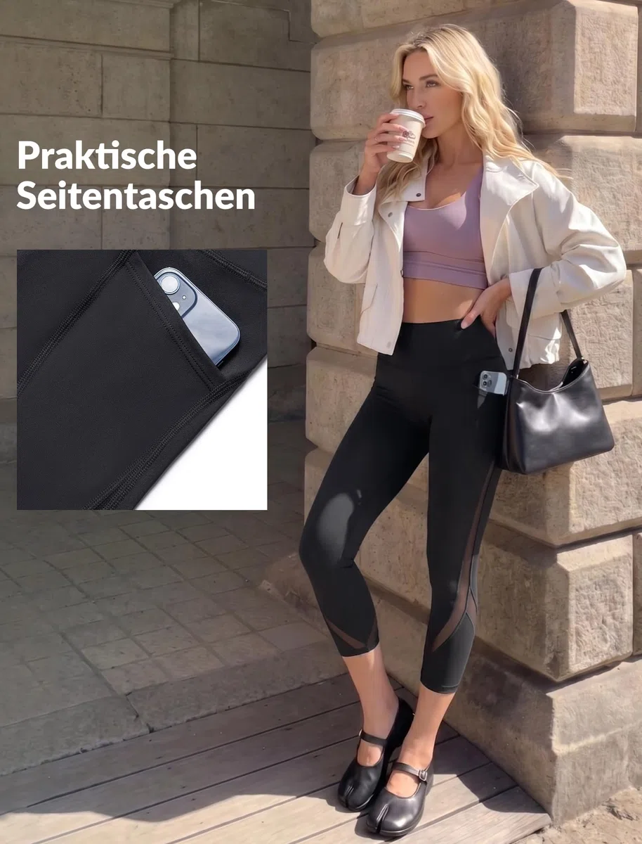 Yvette Damen 3/4 Sport Leggings Capri Sporthose Blichdicht mit Mesh high Waist Bauchkontrolle Leggins