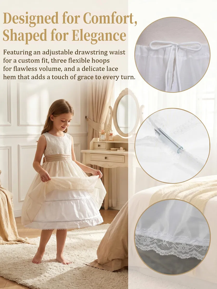 Abaowedding Girls' 3 Hoops Petticoat Full Slip Flower Girl Crinoline Skirt