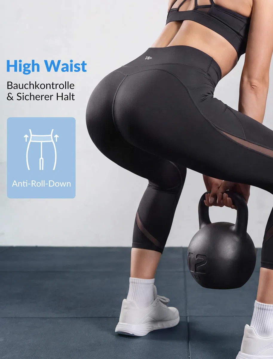 Yvette Damen 3/4 Sport Leggings Capri Sporthose Blichdicht mit Mesh high Waist Bauchkontrolle Leggins