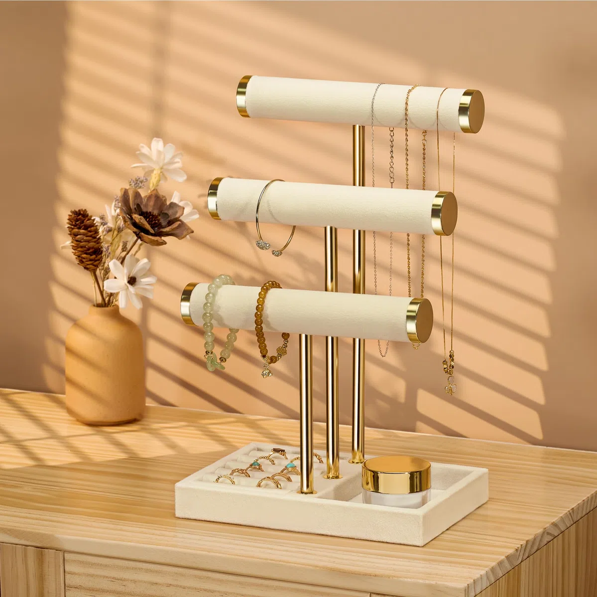 Josmimic Schmuck Organizer mit 3 Ebenen - Beige Schmuckständer Armbänder, Abnehmbarer T-Steg Schmuck Ständer, Samt-Armbandhalter, Schmuckhalter für Armband, Halskette, Uhren, Ringe