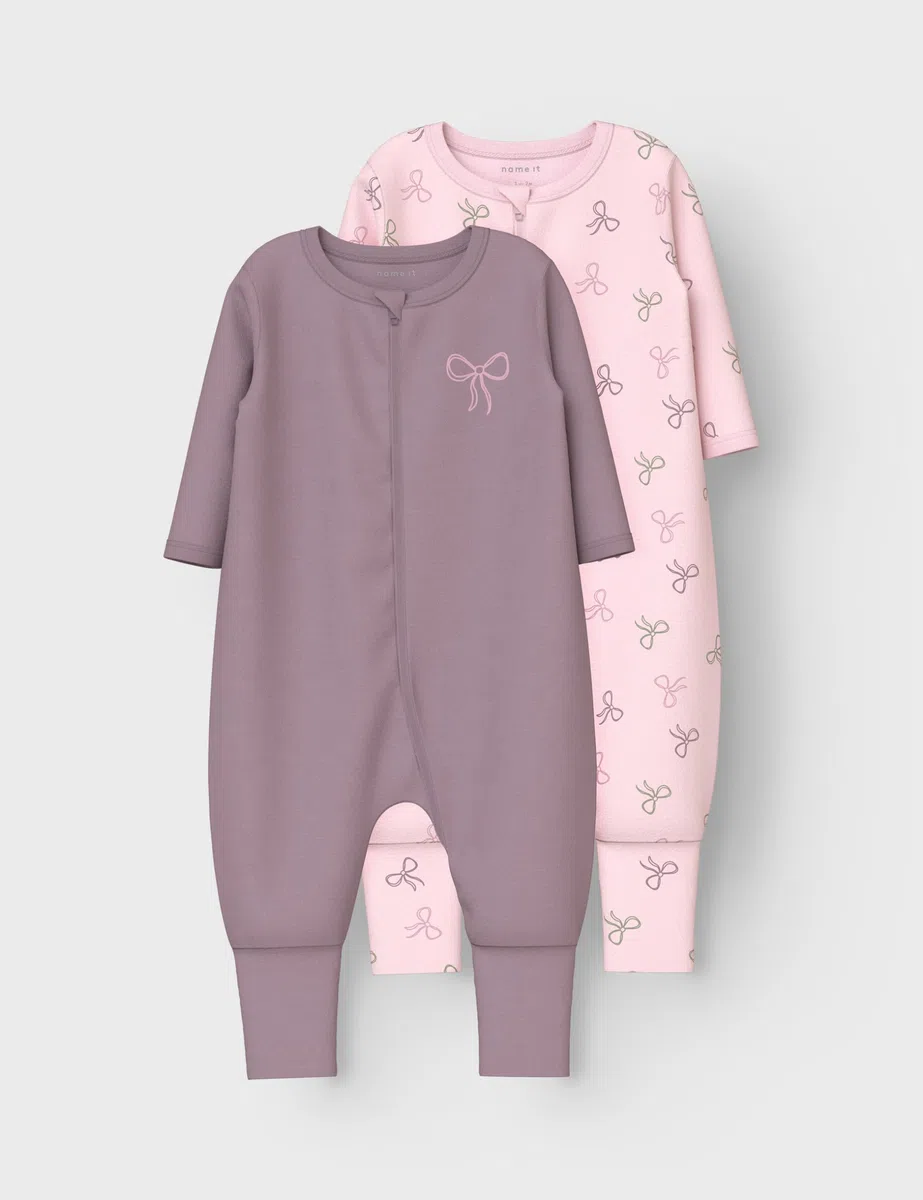 NAME IT Damen Girl Schlafanzug 2er-Pack Nbfnightsuit 2P Zip Ff Pink Bow Noos (2er Pack)