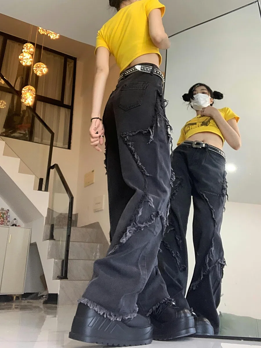 Schwarz Grau Vintage Star Jeans für Frauen Herbst Korsett Casual High Wasit Hosen für Frauen Koreanische Mode Jeans Y2k Streetwear-Schwarz-S