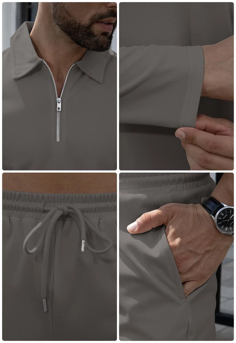 KUYIGO Herren-Trainingsanzüge mit 1/4-Reißverschluss, Poloshirt, 2-teiliges Outfit, Langarm-Pullover, Trainingsanzug-Set, Sweatshirt und Jogginghose, lässige Waffel-Oberteile, Hose, Sport, Activewear