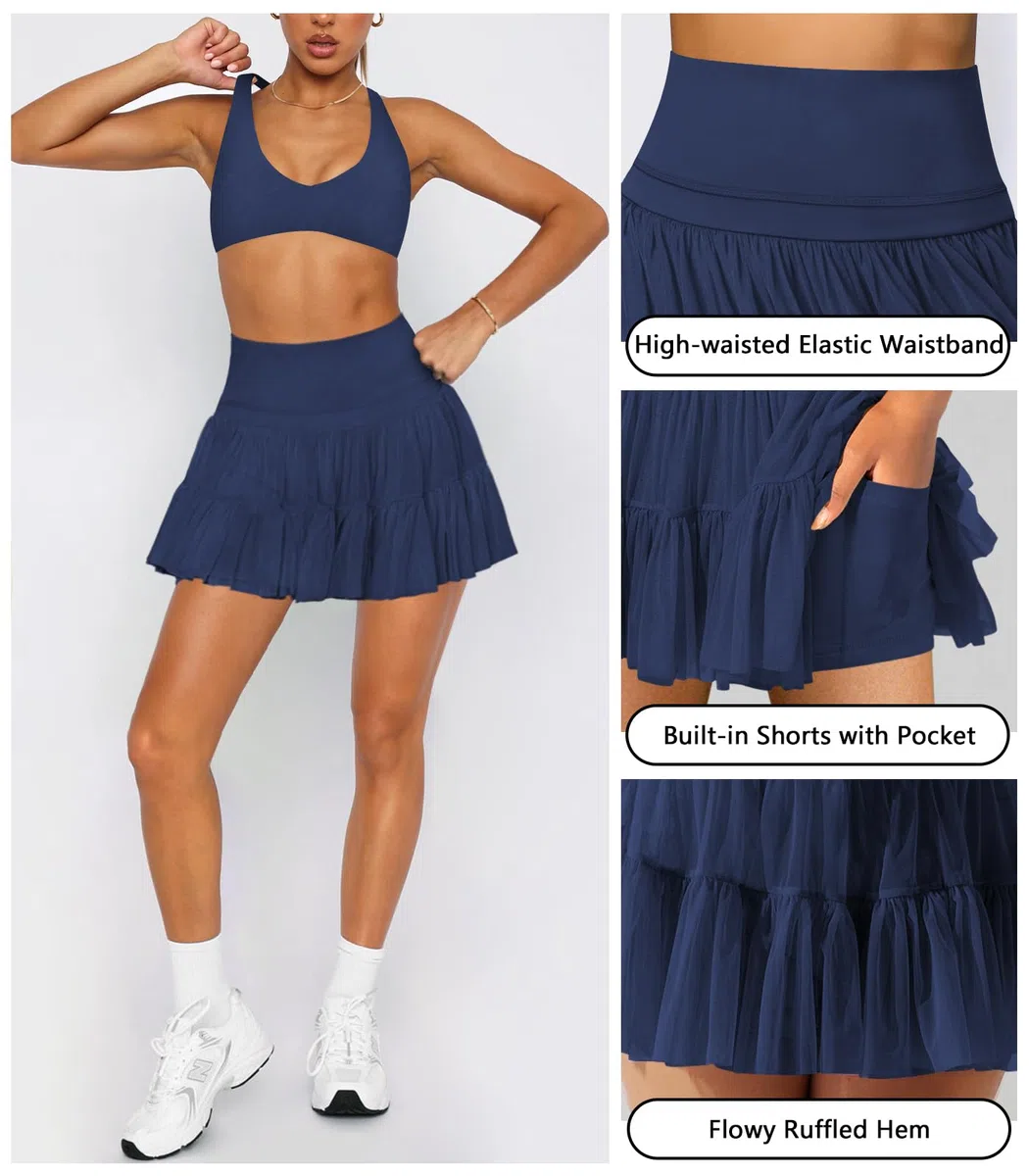 Damen Minirock, fließend, plissiert, hohe Taille, Rüschen, Tennisröcke für Damen, athletisch, Skater, Golf, mit Shorts und Taschen