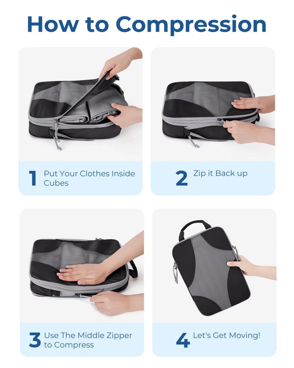 BAGSMART Packing Cubes Compression 6 Stück, Rucksack Koffer Organizer Packtaschen, Reise Kompressionsbeutel Wasserdicht Packwürfel Kompression, Travel Essentials Kofferorganizer