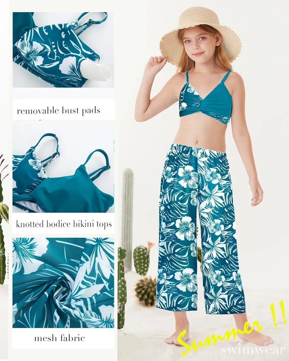 GRACE KARIN Badeanzug für Teenager, Mädchen, 4-teilig, langärmelig, Kimono, Hose, Bikini, Tankini-Set