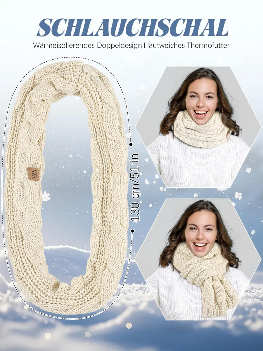 VZV 4-in-1 Winter-Set für Damen, Bommelmütze, Touchscreen-Handschuhe, Strickschal, Fleece-Ohrenschützer