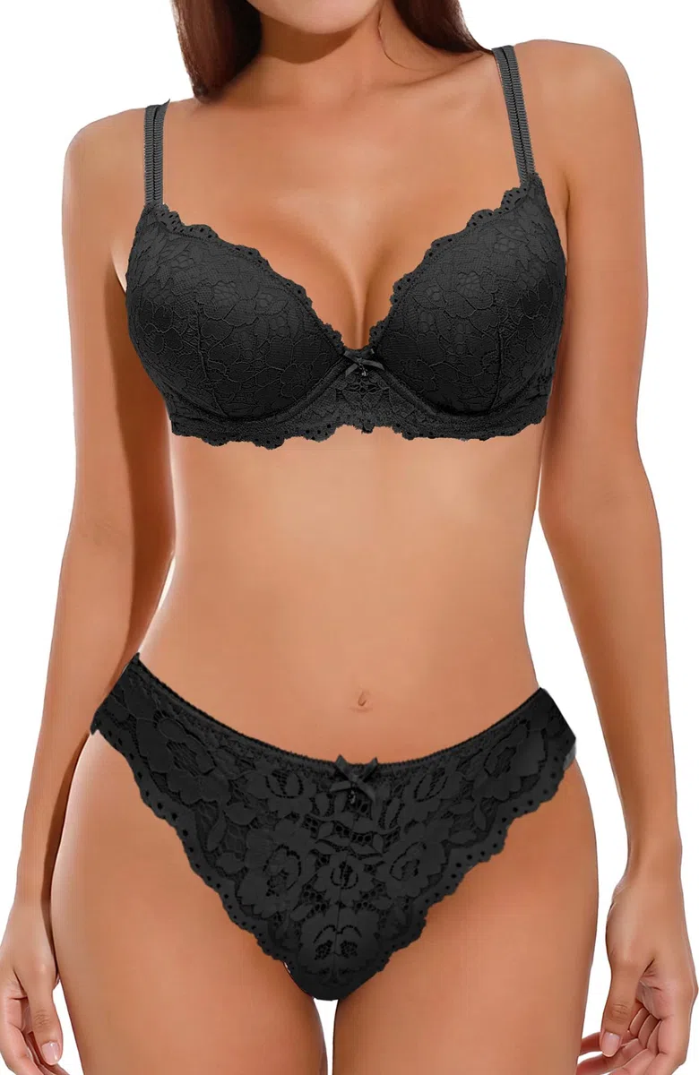 SEAUR Damen Spitzen-Lingerie-Set Blumenmuster Sexy Unterwäsche-Set Dickem Körbchen Push-up-BH mit Slip 2-teilig