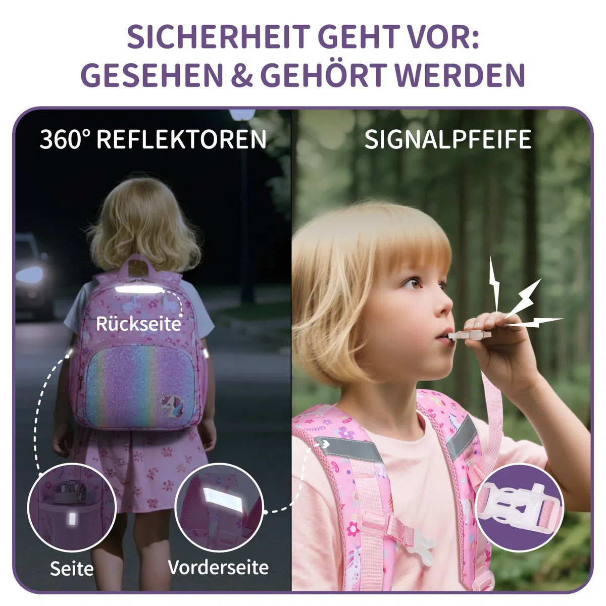 Bagseri Kindergartenrucksack Mädchen 3-5 Jahre, 10L Kinderrucksack mit Brustgurt, Reflektoren & Isolierfach, Ergonomischer Kita Rucksack, Rosa Einhorn